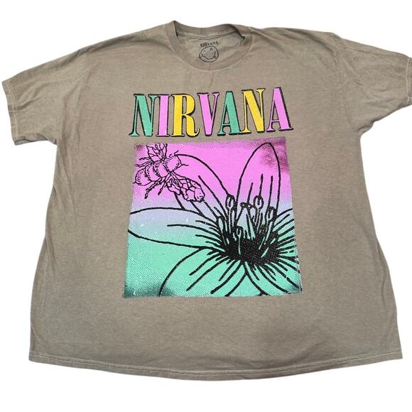NIRVANA Tops - Nirvana Tan Pink Pastel Floral Short Sleeve Grunge Band Short Sleeve Shirt Sz XL